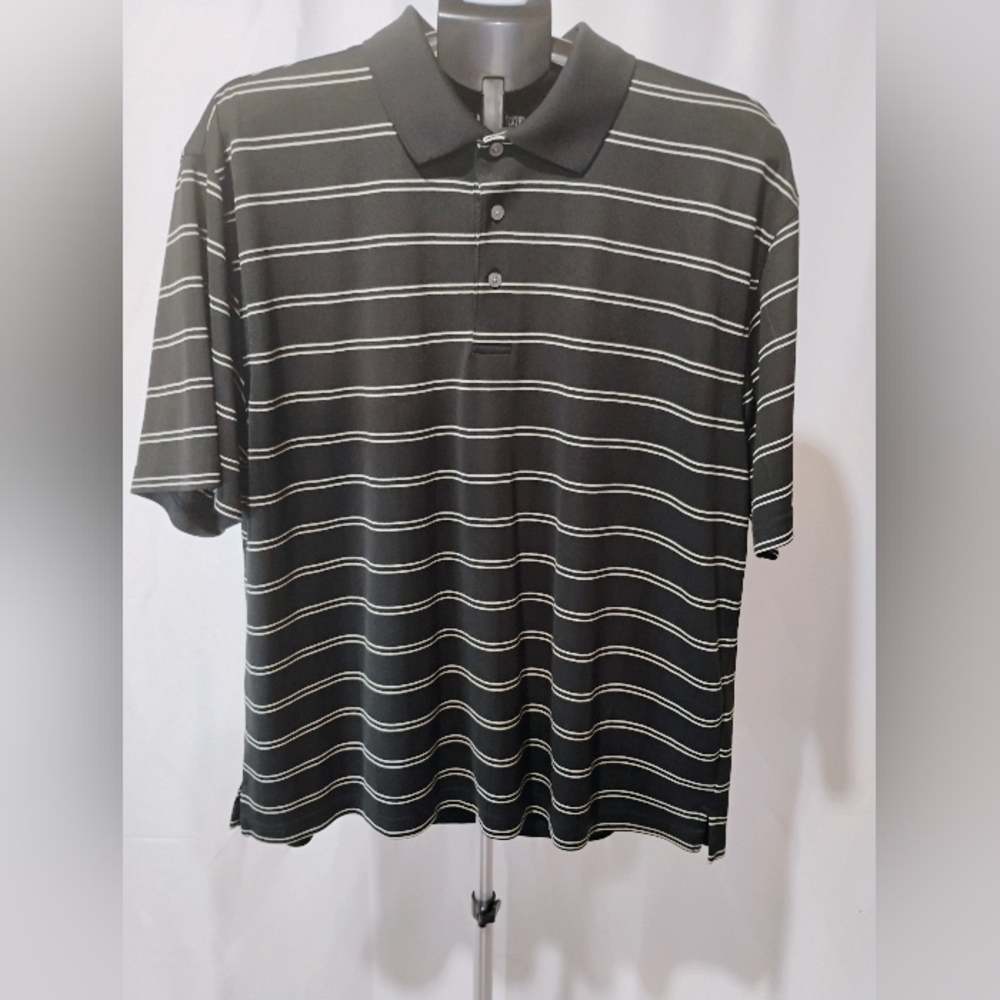 Mens PGA Tour Black and White Polo Shirt with Striped Pattern Size XL‎